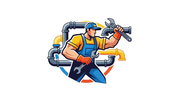 Cartoon Plumber Mascot with Wrench and Pipe Background.