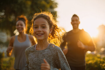 A happy and relaxing kid jogging for exercise together with father and mother in a green park in the morning sunrise. happy family concept picture.
