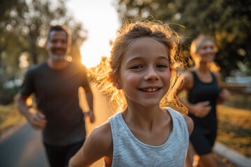 A happy and relaxing kid jogging for exercise together with father and mother in a green park in the morning sunrise. happy family concept picture.