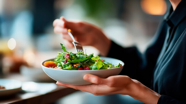 Faceless happy wellness meal woman hands eating salad lunch controls calories meal body care nutrition health lifestyle activity defocused dining background with copy space