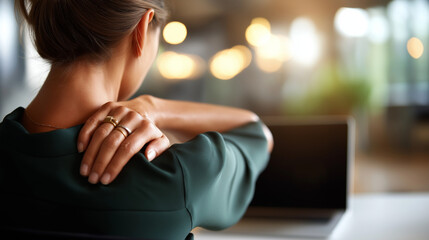 Faceless office syndrome worker concept female hands touching back suffering muscle pain sitting position during work workplace health issue defocused office background with