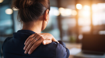 Faceless office syndrome worker concept female hands touching back suffering muscle pain sitting position during work workplace health issue defocused office background with