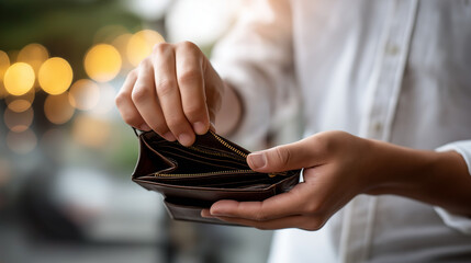 Faceless bankruptcy problem financial concept young person hands opening empty wallet stress find money pay debt mortgage financial crisis moment defocused interior background