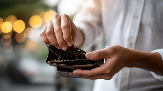 Faceless bankruptcy problem financial concept young person hands opening empty wallet stress find money pay debt mortgage financial crisis moment defocused interior background