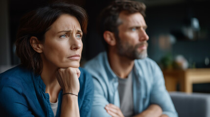 Faceless family problem concept couple sitting back back living room home problems relationship argument conflict moment relationship challenge display defocused interior back