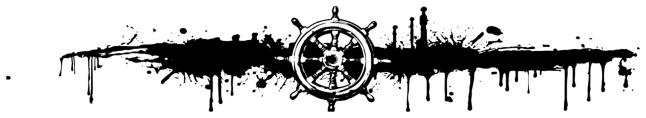 Nautical ship steering wheel border with grunge ink drips © Wuszu