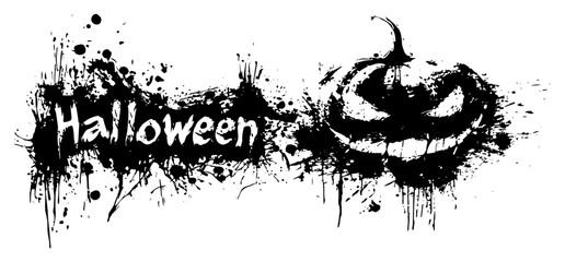 Spooky Halloween pumpkin face and typography with grunge ink paint splatters © Wuszu