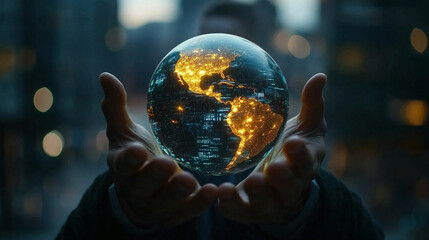 Businessman holding a digital globe symbolizing global business and technology at night with city lights with connectivity and innovation and futuristic and world and earth and hands with symbolic