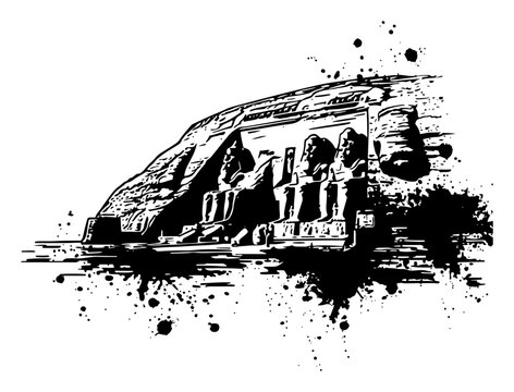 Ancient Egyptian Abu Simbel temple statues with grunge ink style