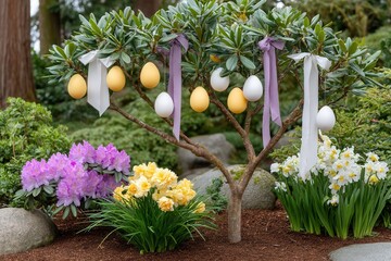 Fototapeta premium Easter eggs hanging from tree with flowers