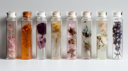 Different types of flowers preserved in glass vials on a white surface