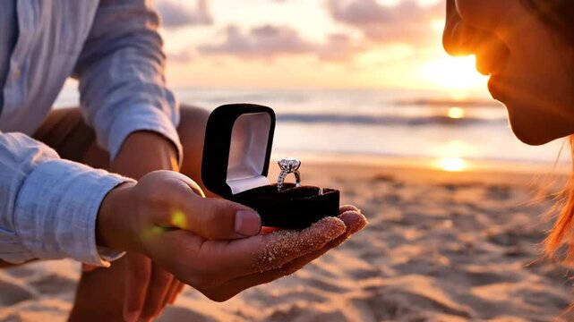 Romantic Marriage Proposal on Beach at Sunset with Engagement Ring and Happy Couple in Love