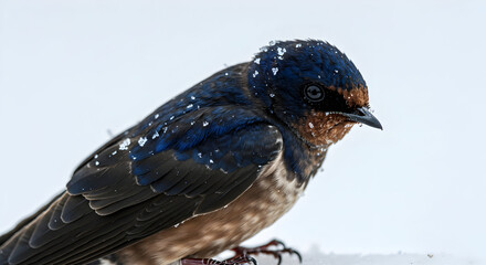 Barn Swallow Portrait with Snowflakes on Feathers Against a White Background