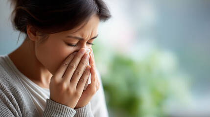 Faceless women hands flu runny nose feel sick cold illness respiratory symptom seasonal sickness display health condition moment defocused background with copy space