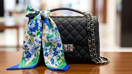 Black quilted leather luxury handbag with floral silk scarf and silver chain strap on wooden surface