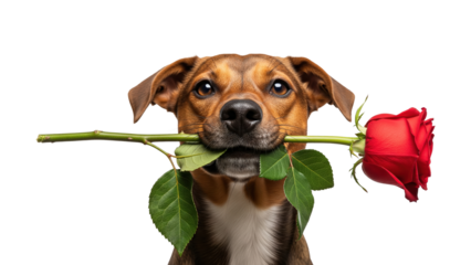 Brown dog holding long stem red rose in mouth on grey background. Romantic pet portrait for Valentine's Day or anniversary.