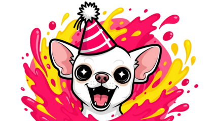Happy cartoon white chihuahua wearing pink party hat with colorful splash background. Concept of birthday celebration and joy.