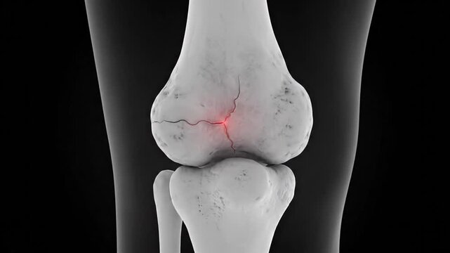 A 3D animation showing the formation of a stress fracture on the tibia from repetitive impact