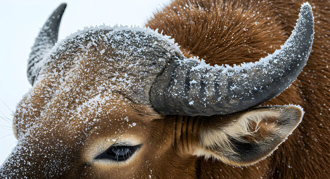 Close-up of a frost-covered Takin head and horns in winter