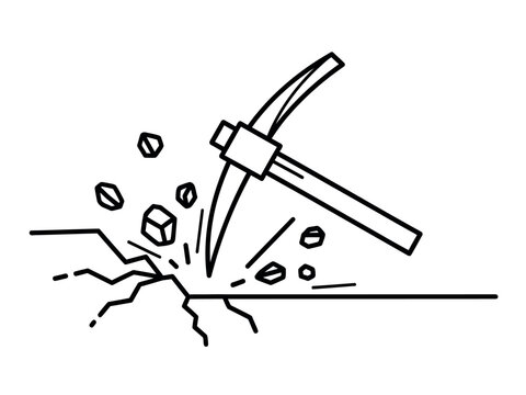 Black and white line drawing of a pickaxe striking a rock isolated on