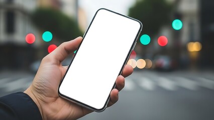 Hand holding smartphone with blank white screen on blurred city street background