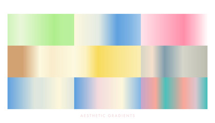 Colorful gradient swatches. Set of pastel color gradient backgrounds. Light blue, yellow, pink, grey, brown, green colors linear gradation. Multicolored palette template for bg, overlay