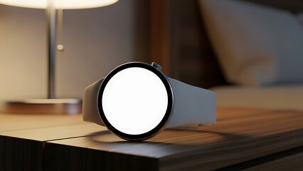 Smartwatch mockup with blank white screen on wooden nightstand in blurred bedroom