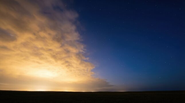 Night sky transitions to illuminated clouds over dark landscape, symbolizing the creation of light on the first day in Genesis, abstract divine moment.
