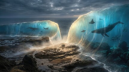 Majestic ocean waves revealing underwater life of whales and manta ray. Creation of the sea and water animals. Creation story day 5 concept.