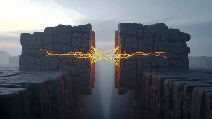 Abstract representation of data bridging and connectivity. Two solid structures linked by a glowing network, symbolizing high-speed data transfer.