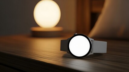 Smartwatch mockup with blank white screen on wooden nightstand in blurred bedroom