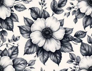 Hand Drawn Seamless Floral Pattern in Elegant Black and White Ink Sketch Style