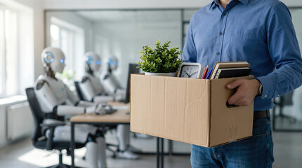 Man carrying cardboard box filled with personal items, standing in modern office with humanoid robots, symbolizing the impact of AI on employment and job security