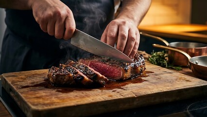 Expert chef's hands delicately slicing a perfectly seared and steaming prime cut of beef, showcasing culinary skill and delicious preparation on a wooden board