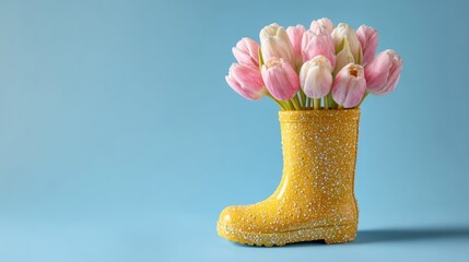 Pink and White Tulips in a Yellow Glitter Rain Boot
