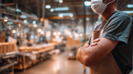 Worker in factory setting with mask during daytime in a busy industrial environment