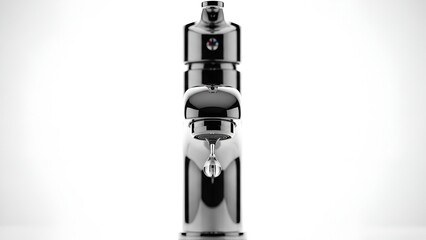 Naklejka premium Elegant chrome faucet with a perfectly formed water droplet against a white background