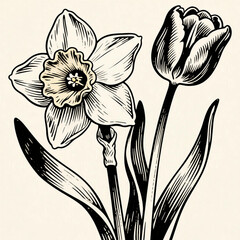 Black and white floral line art featuring elegant flowers and leaves. Minimal botanical illustration in vintage engraving style on light background.