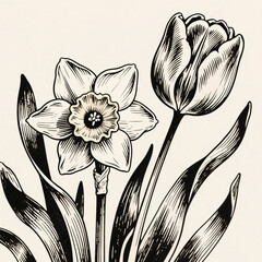 Black and white floral line art featuring elegant flowers and leaves. Minimal botanical illustration in vintage engraving style on light background.