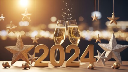 Elevated new year celebration ambiance featuring champagne flutes and glittering stars with 2024