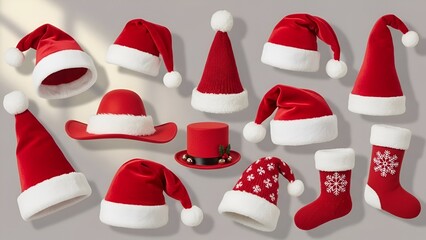 Festive array of red and white holiday hats and stockings conveying the christmas spirit