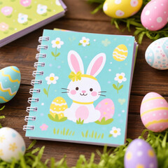 Cute Easter bunny illustration on a pastel notebook surrounded by colorful Easter eggs. Festive spring scene perfect for holidays and children designs.