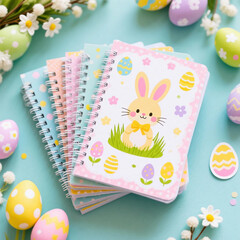 Cute Easter bunny illustration on a pastel notebook surrounded by colorful Easter eggs. Festive spring scene perfect for holidays and children designs.