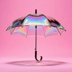 Transparent holographic umbrella with iridescent reflections on pink background. Minimal modern object with futuristic fashion aesthetic.