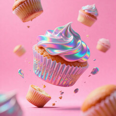 Floating cupcake with holographic frosting and crumbs in the air. Surreal dessert scene with playful, colorful, and modern fantasy style.