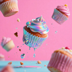 Floating cupcake with holographic frosting and crumbs in the air. Surreal dessert scene with playful, colorful, and modern fantasy style.
