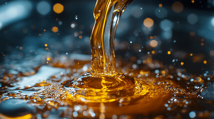 Golden engine oil pouring and splashing with dynamic motion and blurred background with oil change and car maintenance and auto service and vehicle maintenance and engine lubrication with oil splash