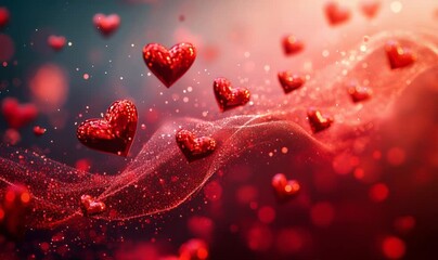 Red sparkly hearts floating on a dynamic swirling background with bokeh lights, creating a romantic and loving atmosphere