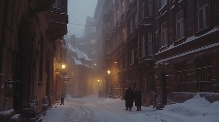 Dusk in a winter city with people in warm coats walking along a snowy street scene atmosphere