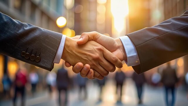 街中で交わされる握手が信頼と合意を示すビジネスの一瞬